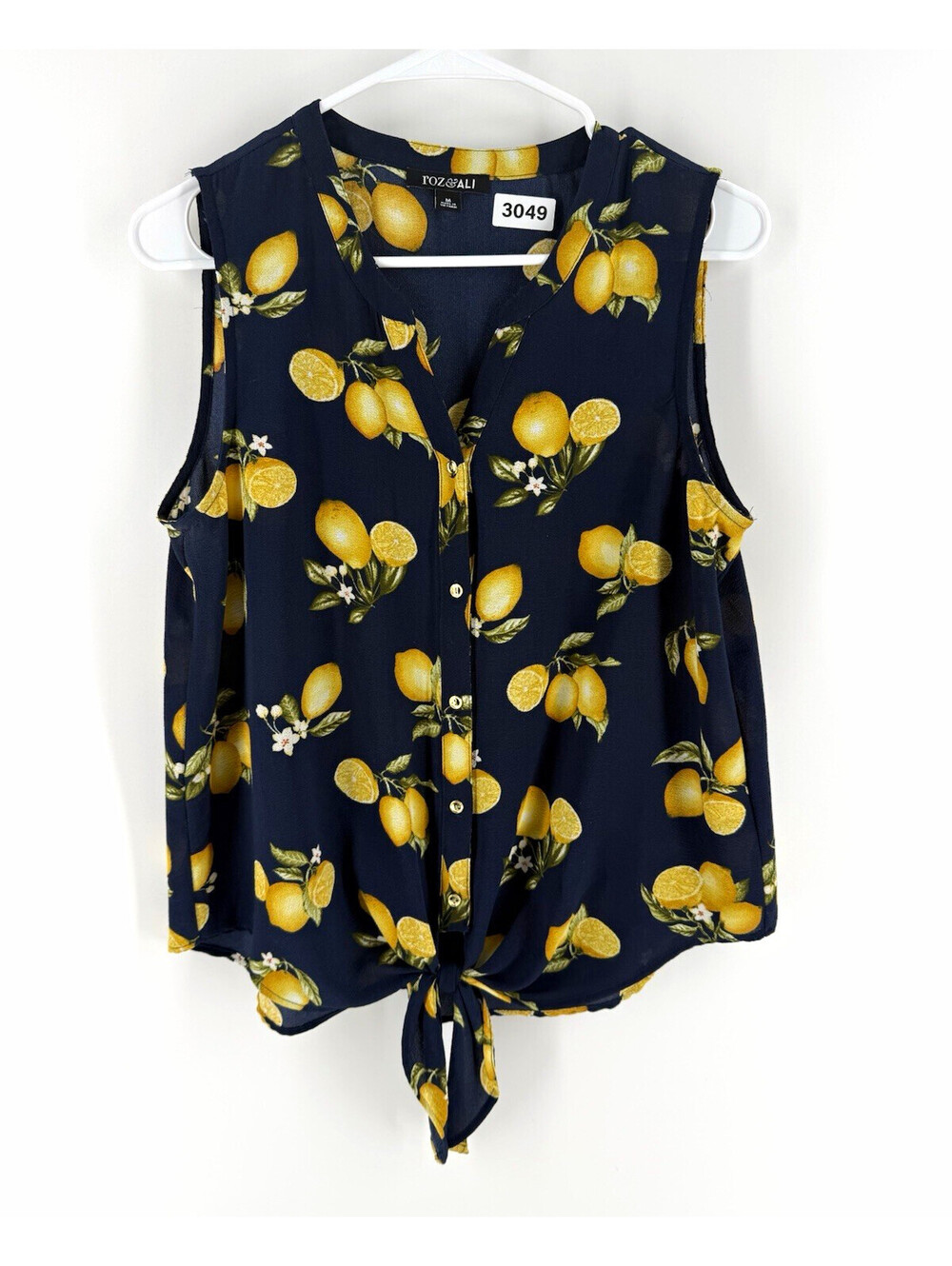 Roz & Ali Women's M Navy Floral Lemon Print V-Neck Sleeveless Button Tie Top